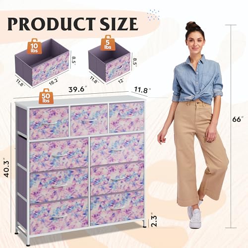 WLIVE Tall Dresser for Bedroom, 9 Drawer Chest of Drawers, Tie-Dye - color: Tie-dye Purple Print
