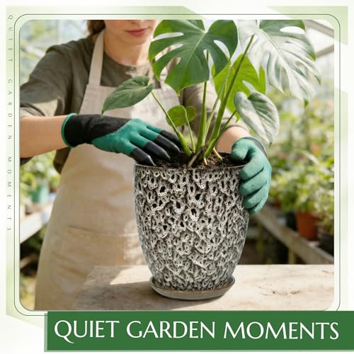11.8 Inch Flower pots for Indoor Plants,Ceramic Planter with Saucer Drainage Leak-Proof Mesh Gardening Gloves (Spotted White) - color: Spotted White, size: 11.8 Inch