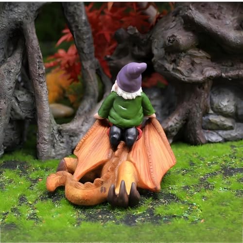 Garden Gnome Riding Dragon Statue, Hand-Carved Original Design, 4.7x3.5 Inch Funny Outdoor Decor, for Dinosaur Lovers, Boys, Fantasy Garden Figurine - style: Gnome Riding Dragon