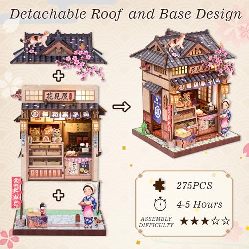 DIY Miniature Dollhouse Kit, Japanese Wagashi Shop 3D Wooden Puzzle with LED Light, Cherry Blossoms & Furniture, Cozy Home Decor, Relaxing Craft Hobby for Adults,Hanamiya - color: Hanamiya