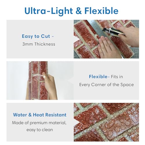 COMSTICKC 3D Faux Brick Wall Panels Peel and Stick, 10 Pcs 11.8" x 11.8" - color: Retro Red