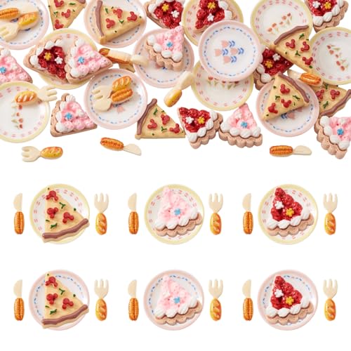 FASHEWELRY 42Pcs Cake Tableware Dollhouse Miniature Accessories Kitchen Tableware Display Ornament Resin Imitation Food Dessert Plate Fork Knife Cabochons for Garden Home Party Landscape Decoration - color: Cake & Tableware