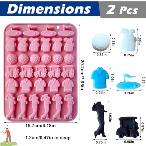2PCS Golf Ball Chocolate Mold 32 Cavities Golf Ball Sports Silicone Candy Molds Golf Bags Shirts Golfer Shapes Ice Cube Molds Golf Mould for Chocolate Candy Fondant Jello Sugar Baking Cupcake Decor - color: Pink