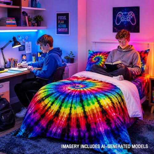 BlessLiving Rainbow Tie Dye King Comforter Set, Bohemian Style, 3 Pieces - color: Black Purple Blue, size: King