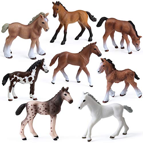 UANDME 8PCS Realistic Foal and Horse Figurines, Plastic Pony Toys for Girls and Boys, Horse Club Cake Topper and Party Decoration - style: 8PCS Foal Set