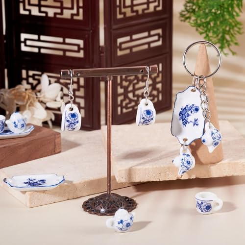 6Pcs Porcelain Cup Charms 3 Styles Miniature Ceramics Cup Teapot Plate Mini Tea Cups Hanging Pendant with Flower for Keychains Earrings Jewelry Making - color: White With Blue Flower-3 Styles