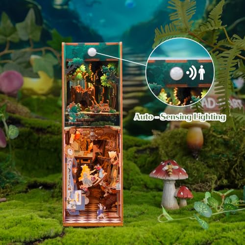 Tonecheer DIY Book Nook Kit for Adults,3D Wooden Puzzle Bookend Bookshelf Insert Library Decor, Booknook Miniature House Kit with Body Motion Sensor LED Light (Step into Wonder) - color: Step into Wonder