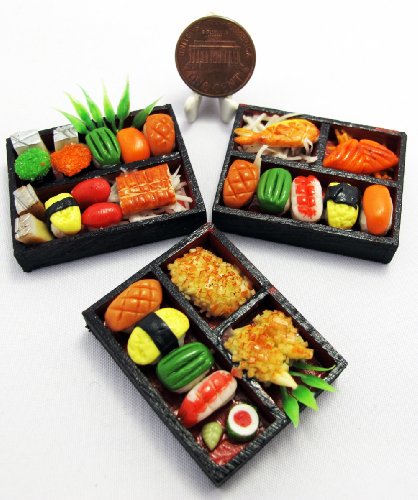 Set 3 Handmade Miniature Sushi Bento – 1:6 Scale Realistic Clay Japanese Food for Dollhouses, Doll Accessories, DIY Crafts & Collectible Miniature Kitchen Decor for Individuals Aged 14 and Above