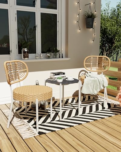 GarveeLife 3 Piece Wicker Patio Bistro Furniture Set, Outdoor Dining Chairs, Includes 2 Rattan Chairs and Tempered Glass Table, for Garden, Backyard, Balcony, Apartment (White & Brown) - color: White & Brown