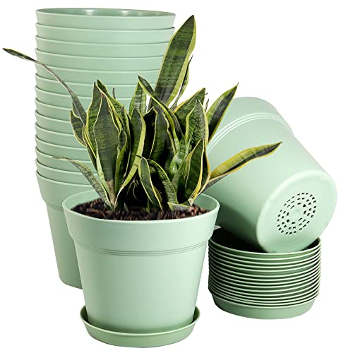 WOUSIWER 16 Pack 6 inch Plastic Planters, Plastic Indoor Planter Flower Pots, Heavy Duty and Stylish 6 Inch Plant Pots for Indoor Plants with Drainage Holes and Tray for Plants Flowers, Green - color: Green