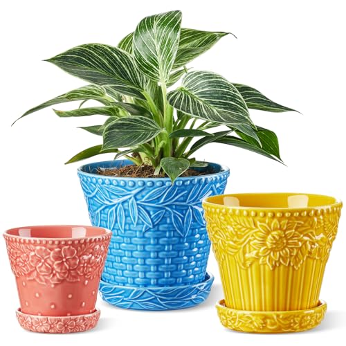 Metahom Ceramic Plant Pots, Assorted Colors, Set of 3, Embossed Design - color: Embossed Assorted Colors