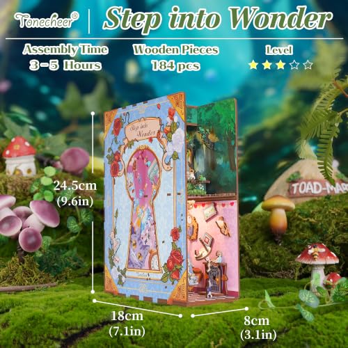 Tonecheer DIY Book Nook Kit for Adults,3D Wooden Puzzle Bookend Bookshelf Insert Library Decor, Booknook Miniature House Kit with Body Motion Sensor LED Light (Step into Wonder) - color: Step into Wonder