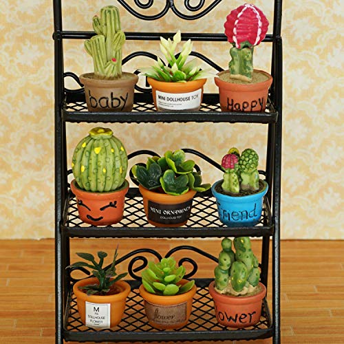 Dollhouse Furniture Flower Stand Set (11pieces) - Vintage Metal Plant Stand and Other Miniature Accessories for 1 12 Scale Dollhouse Balcony Decoration (Black)