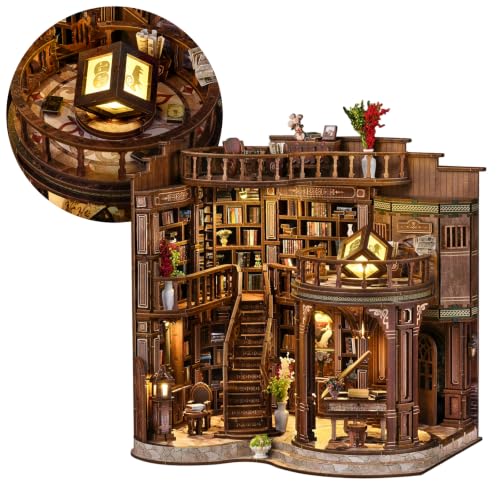 fifijoy DIY Miniature Dollhouse Kit - DIY Miniature House Kit with LED Lights, 3D Wooden Puzzle Library Bookshelf Decor for Adults, Creative Gift for Family, Friends (Dreamy Book Hall) - color: Dreamy Book Hall