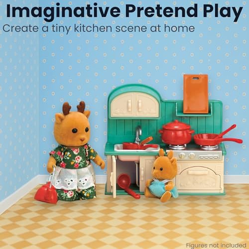 Family Dollhouse Kitchen Set — Miniature Stove, Sink & Oven with Frying Pan, Saucepan, Kettle, Utensils & Cutting Board — Dollhouse Furniture & Accessories for Ages 3+ - style: Kitchen Set