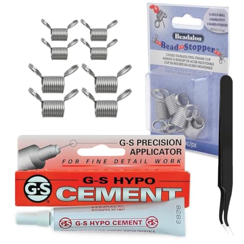 GS Hypo Cement Glue for Jewelry Making (9 ml) - 8 Pack Beadalon Bead Stoppers and Fine Point Precision Tweezers - Adhesive Bundle for Beads, Bracelets, Watch Repair