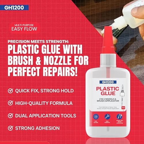 GH1200 (2-in-1) Super Glue for Plastic with Brush Applicator & Nozzle - Fast Setting Plastic Glue Heavy Duty for Solid Bonds, DIY & More, Crystal Clear & No Stain Glue