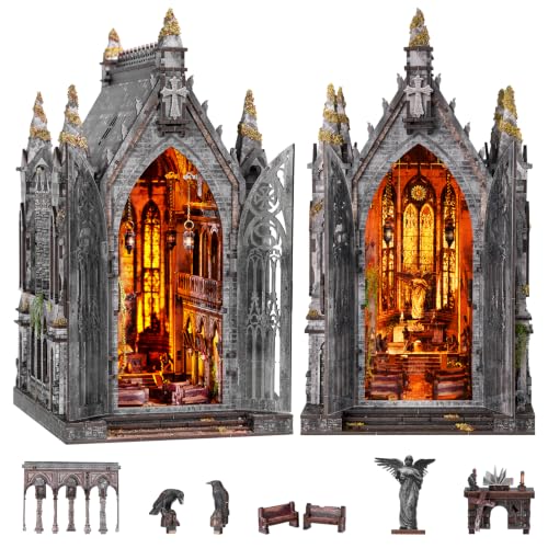fifijoy Book Nook Kit - Abandoned Gothic Church DIY Miniature Dollhouse for Adults and Teens, Booknook Tiny House Bookshelf Decor 3D Wooden Puzzle with LED Lights, Creative Gifts for Family, Friends - color: Abandoned Gothic Church