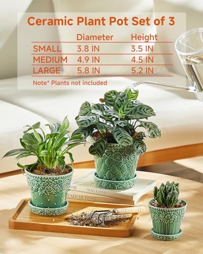 Metahom Ceramic Plant Pots Set of 3, Green Color, Embossed Design - color: Green