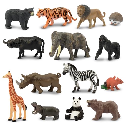 Toymany 14PCS 1-2" Tiny Jungle Animal Figures Toy, Realistic Mini Jungle Zoo Animal Figurines Cake Topper Toy Set, Easter Egg Christmas Birthday Gift Party Favor School Project for Kids Toddlers - style: B-Tiny Safari Animals