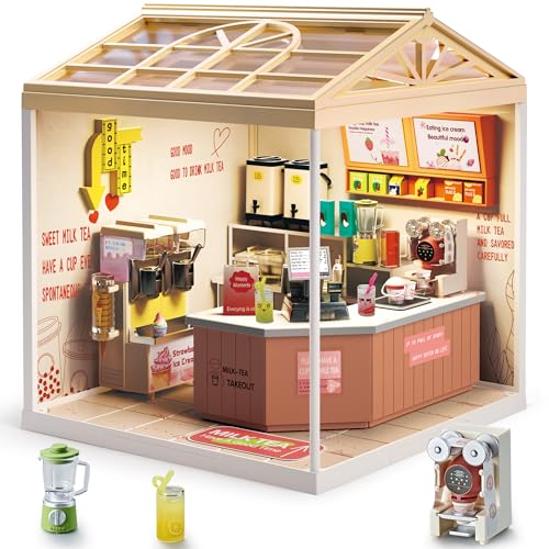 Bubble Tea Shop DIY Miniature House Kit with Roof & LED Light, Stackable & Connectable Dollhouse Kit with Dustproof Doors, Creative DIY Crafts Building Toy Gift for Adults Teens - color: Milk Tea Shop, size: Meduim