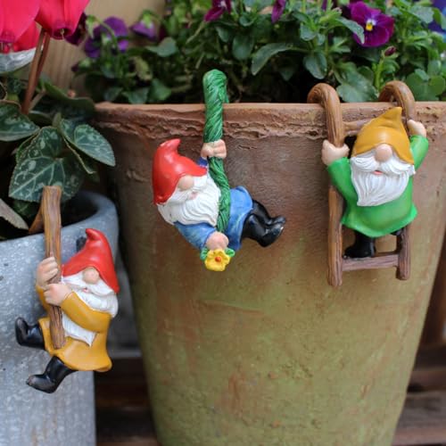 Set of 3 Cute Climbing Gnome Figurines Flower Pot Hugger, Resin Hanging Gnomes Statue Outdoor Decor Fence Ornaments for Patio Lawn Garden Yard - color: Multicolor