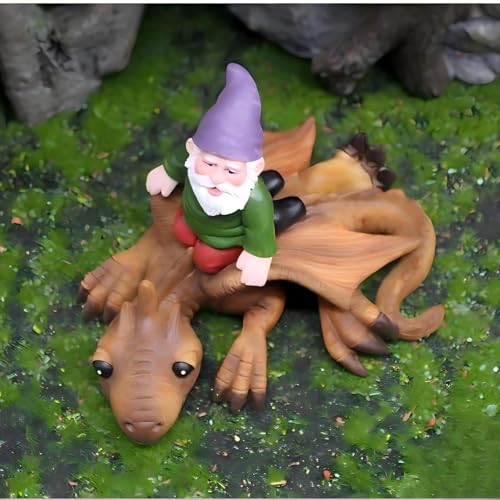 Garden Gnome Riding Dragon Statue, Hand-Carved Original Design, 4.7x3.5 Inch Funny Outdoor Decor, for Dinosaur Lovers, Boys, Fantasy Garden Figurine - style: Gnome Riding Dragon