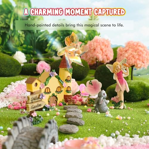 DONABELA Fairy Garden Kit Pink Mini Windmill House Decor Set Rabbit Flower Pot Supplies Signpost CD Player Resin Figurines Accessories Gift Indoor Outdoor Yard - style: Windmill house