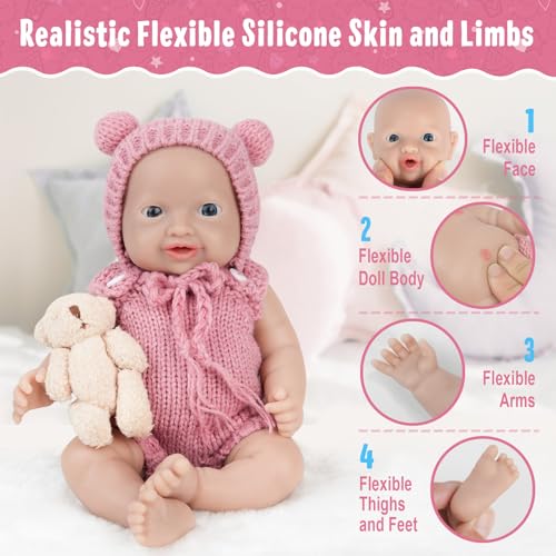 Vollence 8 inch Mini Silicone Baby Preemie Tiny Realistic Baby Doll Real Life Newborn Miniature Silicone Babies Doll for Kids - Girl