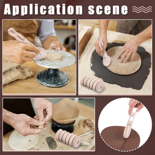 WADORN 6 Styles Pottery Texture Rollers with Handle, 6-Pattern 3D-Printed Clay Texture Roller Set Non-Stick Easy Clean Miniature Texture Rollers for Tabletop Polymer Clay Pottery Craft