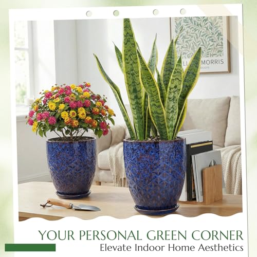 11.8 Inch Flower Pots for Indoor Plants,Ceramic Planter with Saucer Drainage Leak-Proof Mesh Gardening Gloves (Peacock-Blue) - color: Peacock-blue, size: 11.8 Inch