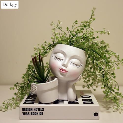 Head Planter Face Flower Pot, Dolkgy Woman Face Planter Unique White Head Planters for Indoor Outdoor Plants, Novelty Plant Pot Cute Lady Head Vase with Drainage Hole for Home Garden Succulents Cactus - color: C1-white