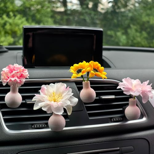 Set of 4 Cute Flower Bouquet Car Air Freshener Vent Clips, Mini Artificial Flowers for Car Air Vent Decoration, Auto Interior Dashboard Ornament Accessories (Sunflower) - color: Sunflower