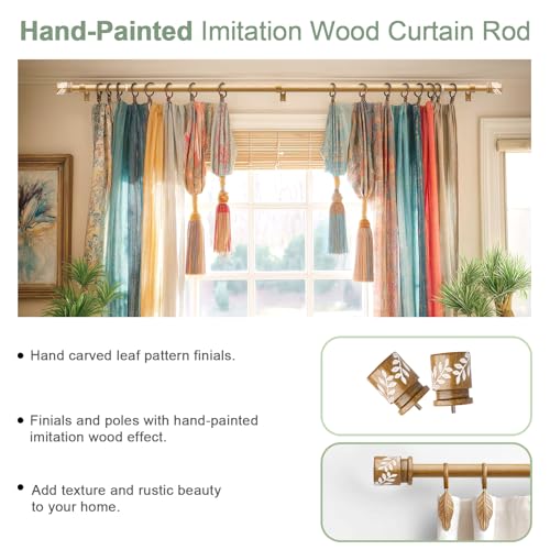 QDWIS Natural Wood Curtain Rods for Windows 66 to 120 inch Boho Decorative Handmade Wood Grain Drapery Rods with Leaf Finial 1" Adjustable Heavy Duty Curtain rod for Living Room Bedroom Kitchen - color: Natural Wood, size: 36'' - 120''(1 Pack)