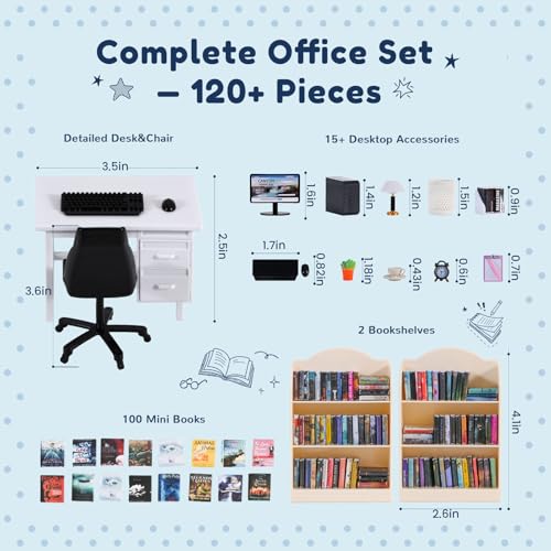 KIMO 1:12 Scale Mini Furniture: Desk Set w/PC, Bookshelf & Mini Books - color: Warm Beige