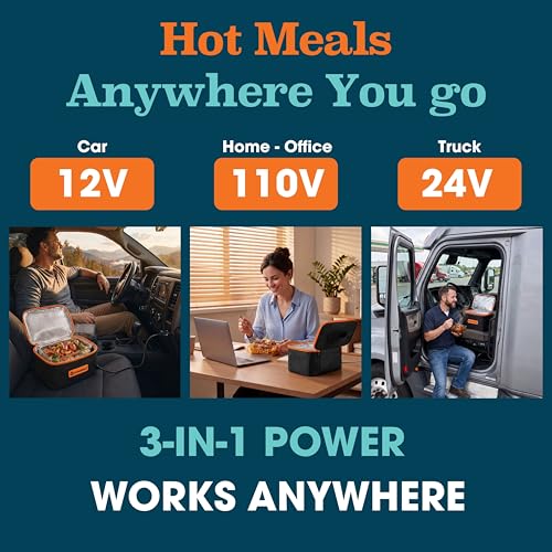 TRAVELISIMO Portable Microwave, Portable Food Warmer For Work & Home Use, Heated Lunch Box 12V/24V/110V, Mini Portable Oven 3-in-1 Food Heater, Electric Lunch Box, Calentador de Comida Portatil - color: Neon Orange