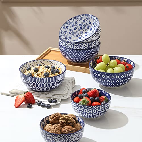 Selamica Ceramic Cereal Bowls Set of 6, 24 Oz Deep Soup Bowls for Kitchen - color: Vintage Blue, size: 5.9 Inch