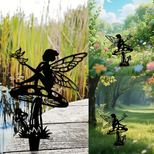 Garden Decorative Flower Elves 3 Piece Set, Metal Fairy Tale Statue, Suitable for Yard, Flower Pot, Lawn, Decoration Gift - color: A-black03