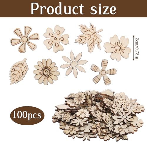 100 PCS Unfinished Wood Flowers Wood Slice Leaf Pattern Cutouts Mini Wooden Handmade Craft Decoration Supplies DIY Art Project Wooden Pieces Scrapbook Embellishments