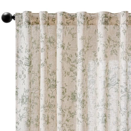 jinchan Linen Curtains 96 inch Green Floral Farmhouse Rod Pocket 2 Panels - color: Amlie Green, size: 50"W x 96"L (Pack of 2)