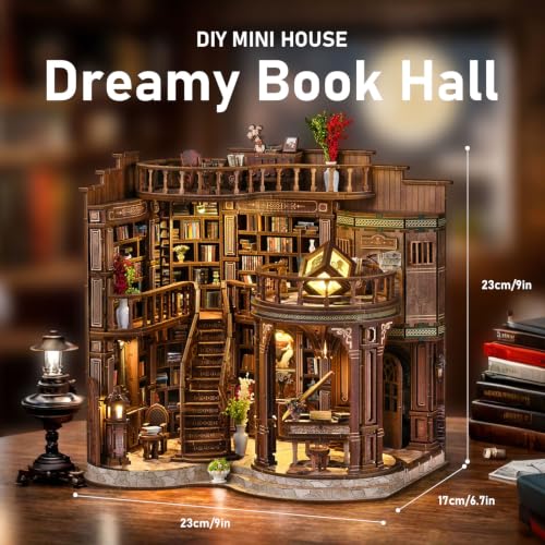 fifijoy DIY Miniature Dollhouse Kit - DIY Miniature House Kit with LED Lights, 3D Wooden Puzzle Library Bookshelf Decor for Adults, Creative Gift for Family, Friends (Dreamy Book Hall) - color: Dreamy Book Hall