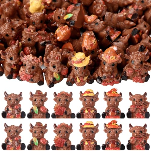 Yaomiao 60 Pcs Mini Fall Highland Cow Figurines Resin Highland Cow Statues - style: Fall Highland Cow