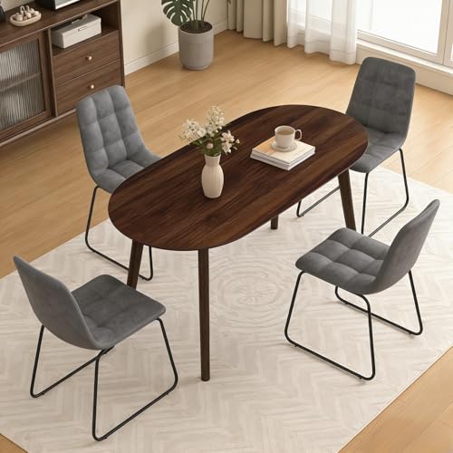 63" Oval Dining Table Set for 4 with Solid Wood Legs - color: Walnut Table C-grey Chairs