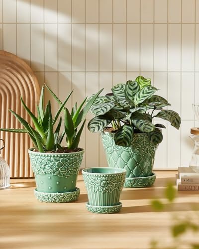Metahom Ceramic Plant Pots Set of 3, Green Color, Embossed Design - color: Green