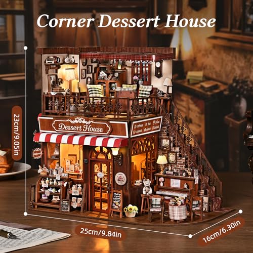 DIY Miniature House Kit, Dollhouse Fantastic Corner Shop for Adults to Build, Birthday/Christmas Day Gift for Family and Friends, Prefab Tiny Home with LED Lights,Corner Dessert House - color: Corner Dessert House