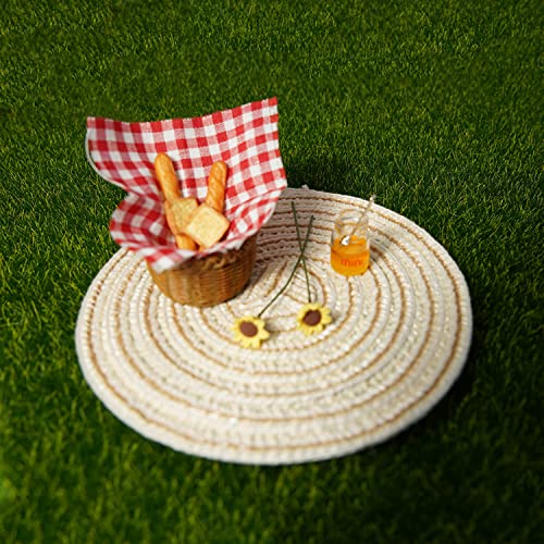 Miniature Food Dollhouse Accessories Garden Decor 1:12 Scale Bread Honey Picnic Basket Cloth Flowers 9PCS Garden Decoration Mini Room Display Props Model (Red Picnic Cloth) - style: Red Picnic Cloth