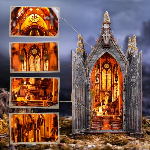 fifijoy Book Nook Kit - Abandoned Gothic Church DIY Miniature Dollhouse for Adults and Teens, Booknook Tiny House Bookshelf Decor 3D Wooden Puzzle with LED Lights, Creative Gifts for Family, Friends - color: Abandoned Gothic Church