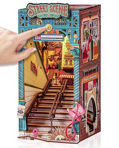 Rolife DIY Book Nook Kits Sunset Street Scene, Endless Stairs Bookshelf Decor 3D Wooden Puzzles for Adults, DIY Miniature House Model Building Kits, DIY Crafts/Birthday Gifts for Teens & Book Lovers - color: Street Scene