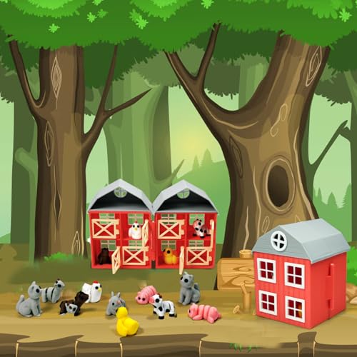 17PC 3D Printed Farm Animal Toys with Red Barn & Fence Pen