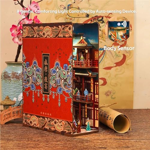 Tonecheer DIY Book Nook Kit for Adults, 3D Wooden Puzzle Bookend Bookshelf Insert Decor, Chinese Booknook Miniature House Kit with Body Motion Sensor LED Light (The Banquet of Tang Dynasty) - color: The Banquet of Tang Dynasty